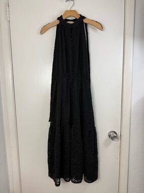 Lenon, black, tiered, halter, textured, button front detail, midi/maxi dress. XS